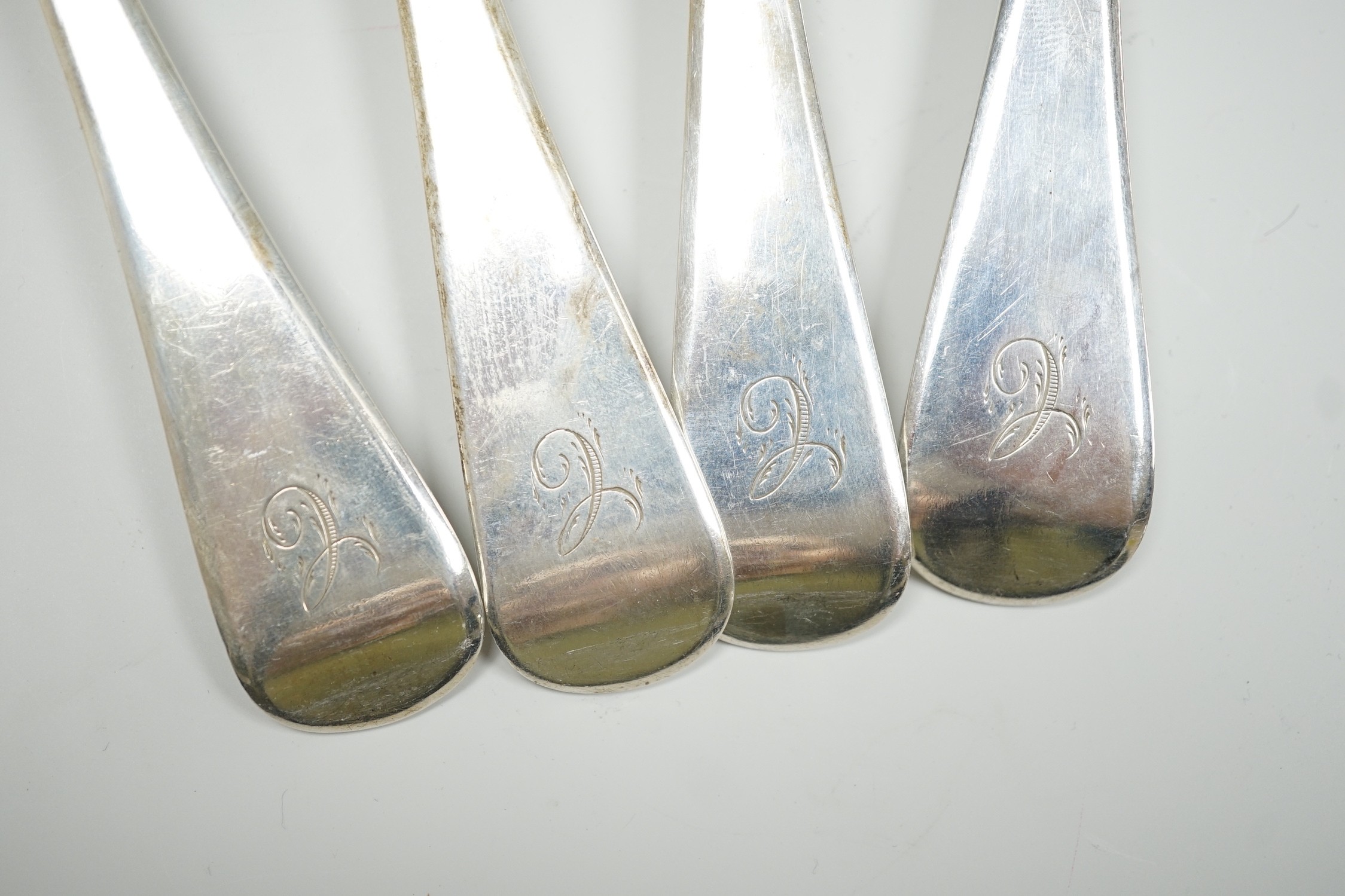 A set of four George III silver Old English pattern table spoons, Sarah & John William Blake, London, 1814, 22.9cm, 10.9oz.